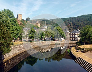 River river Sauer and village Esch-sur-Sure in the Ardennes of Luxembourg