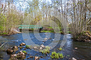 River with a road bridge in the spring