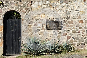 River rock house wall black door and agave plants