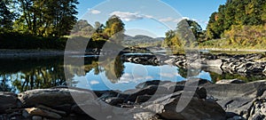 River with rocks in the foreground and reflection of fall scenery