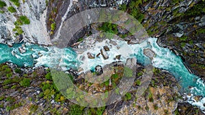 River in a Rocky Mountain Canyon. British Columbia, Canada. Aerial Nature Background