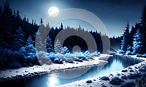 river running, blueish moonlight, dark forest with a full moon in the background, concept art,