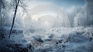 a river running through a forest covered in snow and ice