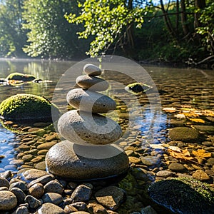 River scene with a stack of smooth, rounded stones balanced in the