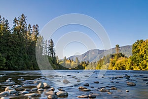 River scenery long exposure shot in Port Alberni, Vancouver Island, BC, Canada. Famous place for Salmon Fishing