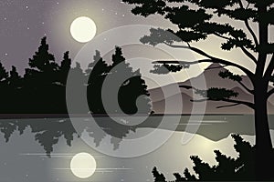 River Scenery with Moonlight in Starry Night, Vector Illustration