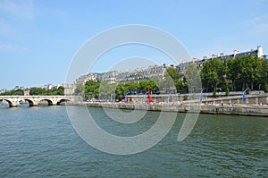 River Seine Paris with red Eiffel Tower