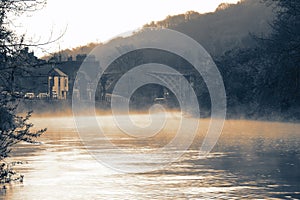 River Severn running through the Ironbridge Gorge with the Ironbridge in the background