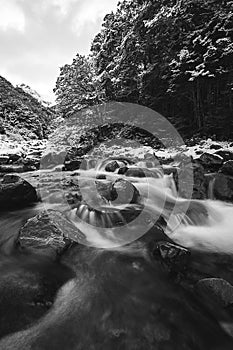 A river with snow in the mountains during winter