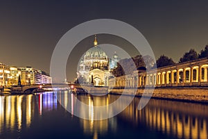 River Spree with Friedrichs Bridge and Berlin Cathedral by night