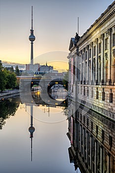 The river Spree, the TV Tower and the facade of the Bode-Museum