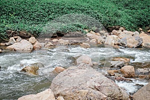 River stream flow on high mysterious mountainous jungle.Scenery of rainforest and river with rocks