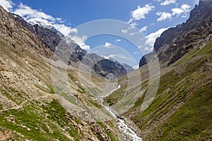 A river stream flowing through the deep gorge of the mountains