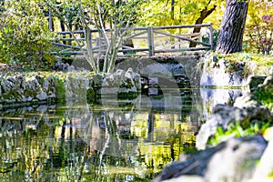 River-stream passing through Parque del Oeste, Madrid park with some autumn colors on a clear day in Madrid, Spain. photo