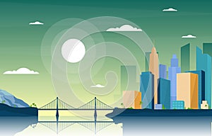 River Sun Bridge City Modern Building Skyline Landmark Illustration