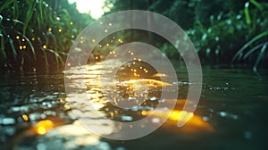 River with Sunlight Reflection and Floating Particles in the Water