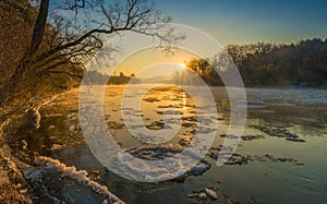 River sunrise winter landscape. Scenic nature