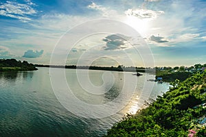 River with sunset blue sky background