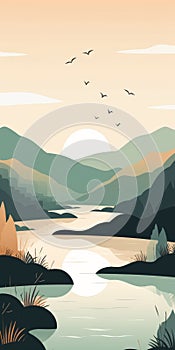 River Sunset Landscape Painting Illustration In Muted Earth Tones