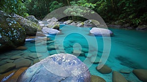 a river that is surrounded by rocks and trees in the background