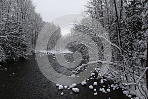 A river surrounded by snow covered ground