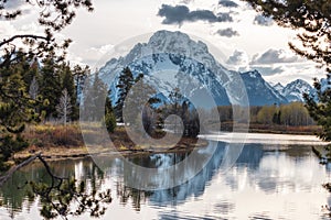 River surrounded by Trees and Mountains in American Landscape.