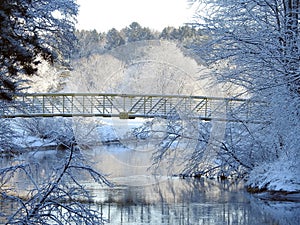 River Sysa, footbridge and beautiful snowy trees, Lithuania