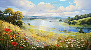 A river teeming with colorful wildflowers in full bloom. Seamless looping video animated virtual background. AI generated video
