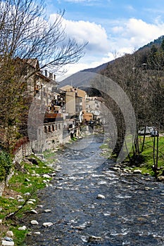 River Ter as it passes by the houses in the town of Camprodon in Girona, Spain