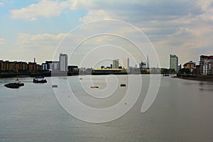 River Thames and Modern London city centre, view from Greenwich Pier