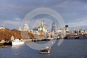 River Thames skyline in winter, London, England