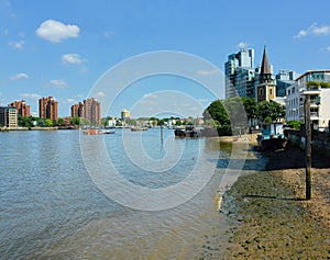 River Thames view. St Mary`s Church, Battersea, London, UK.