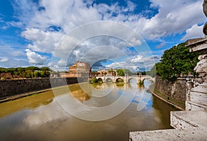 River Tiber with Castel Sant`Angelo and monumental bridge
