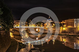 River Tiber at night in Rome, Italy.
