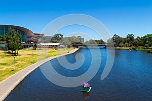 River Torrens flowing west and narrowing through Adelaide, South Australia