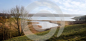 River trave in early spring with bare trees and dry reeds near L