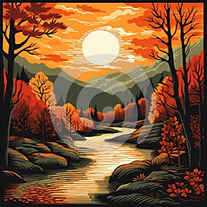 Autumn Landscape Painting: Woodcut-inspired Illustration With Vintage Poster Design photo