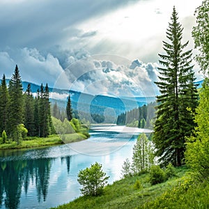 River and trees with reflection on a beautiful summer day photo