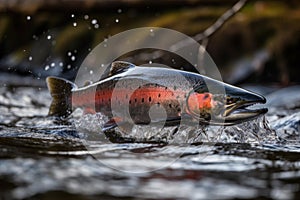 river trout jumping out of the water of a mountain river generative ai