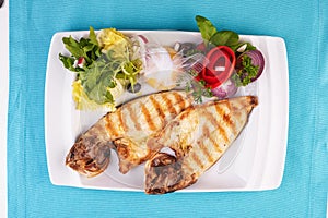 River trout steak, white meat fish, served with vegetables, lemon and arugula and tomato salad