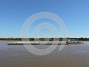 River Tug - Pusher `AGUARA` and convoy of bardes loaded in navigation along of the Water Way Hidrovia rivers Paraguay Parana photo