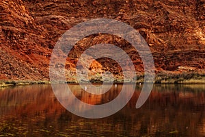 River tuns red reflecting the sandstone from the mountain, Lees Ferry landing, Page, AZ, USA