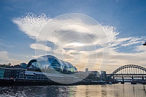 River Tyne, Sage Gateshead concert hall and Tyne bridge at the Newcastle Quayside