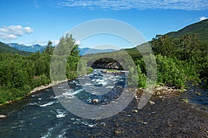 A river under the Vilyuchinsky stratovolcano Vilyuchik in the southern part of the Kamchatka Peninsula