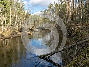 River view in early spring, beautiful cloud reflections in water