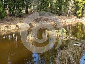 River view in early spring, beautiful cloud reflections in water