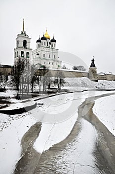 River view on Pskov Kremlin, Krom in winter time