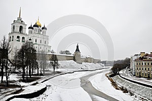 River view on Pskov Kremlin, Krom in winter time