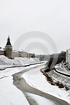 River view on Pskov Kremlin, Krom in winter time