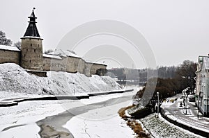 River view on Pskov Kremlin, Krom in winter time